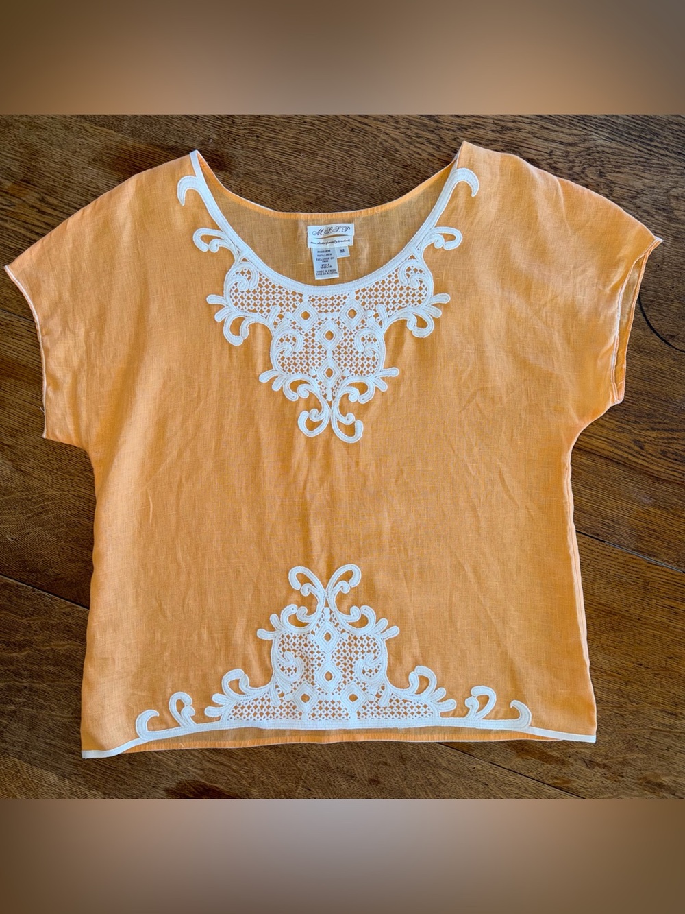 Max Studio Specialty 100% Linen Soft Sherbet Orange Embroidered Blouse